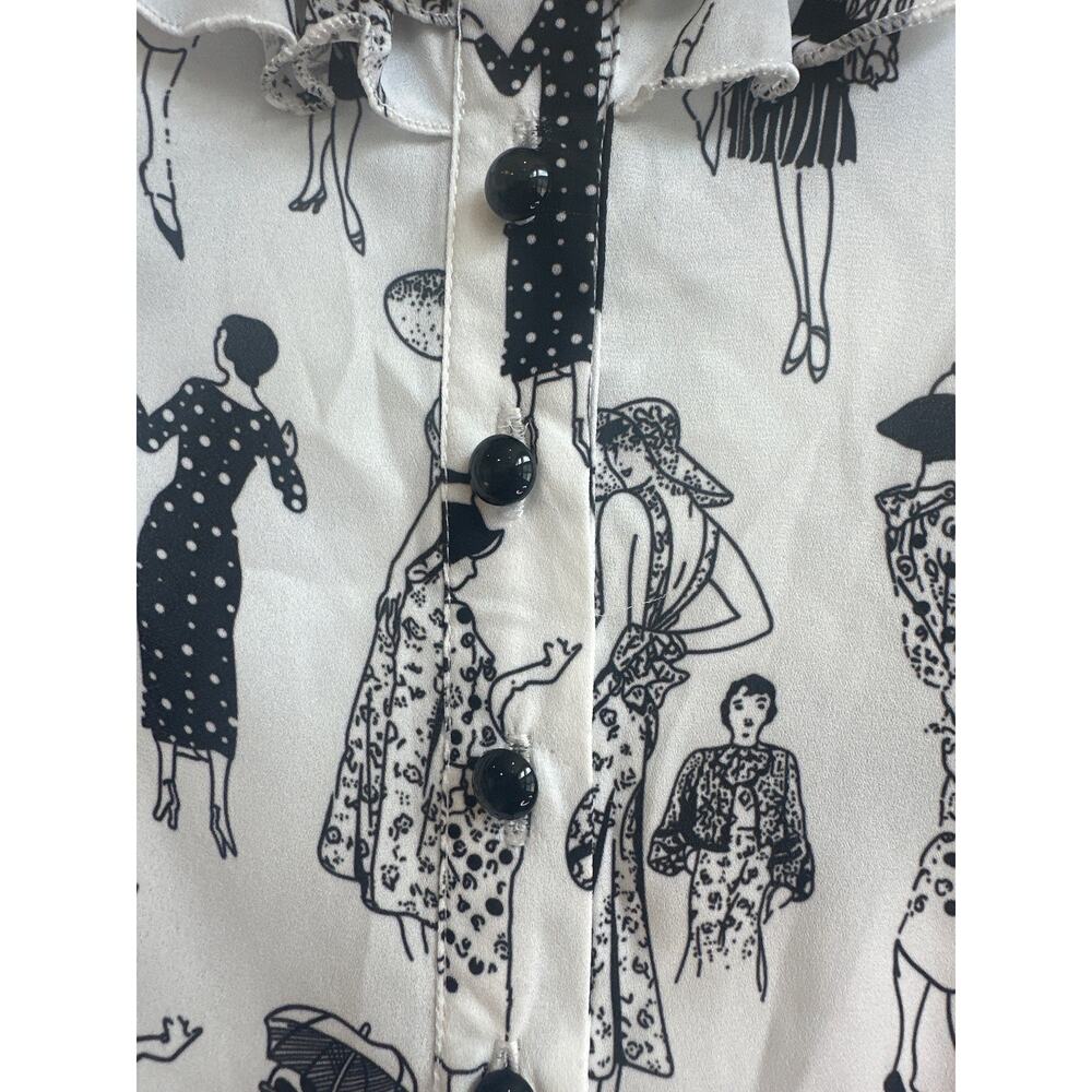 Blingdor White Chiffon Button up Ruffle Blouse with Outlined Women Novelty Print - Picture 3 of 10